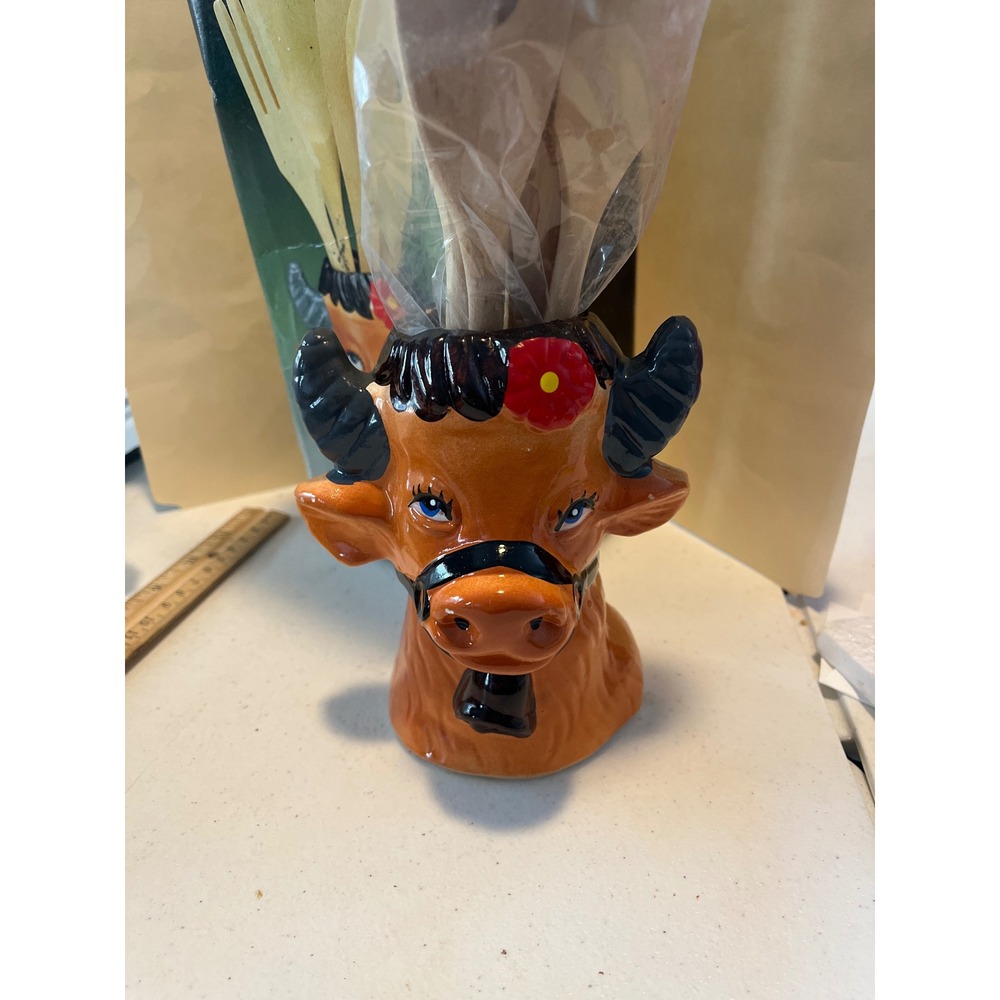 Vintage Ceramic Cow Head Kitchen Utensil Holder Farmhouse Decor Brown 6"